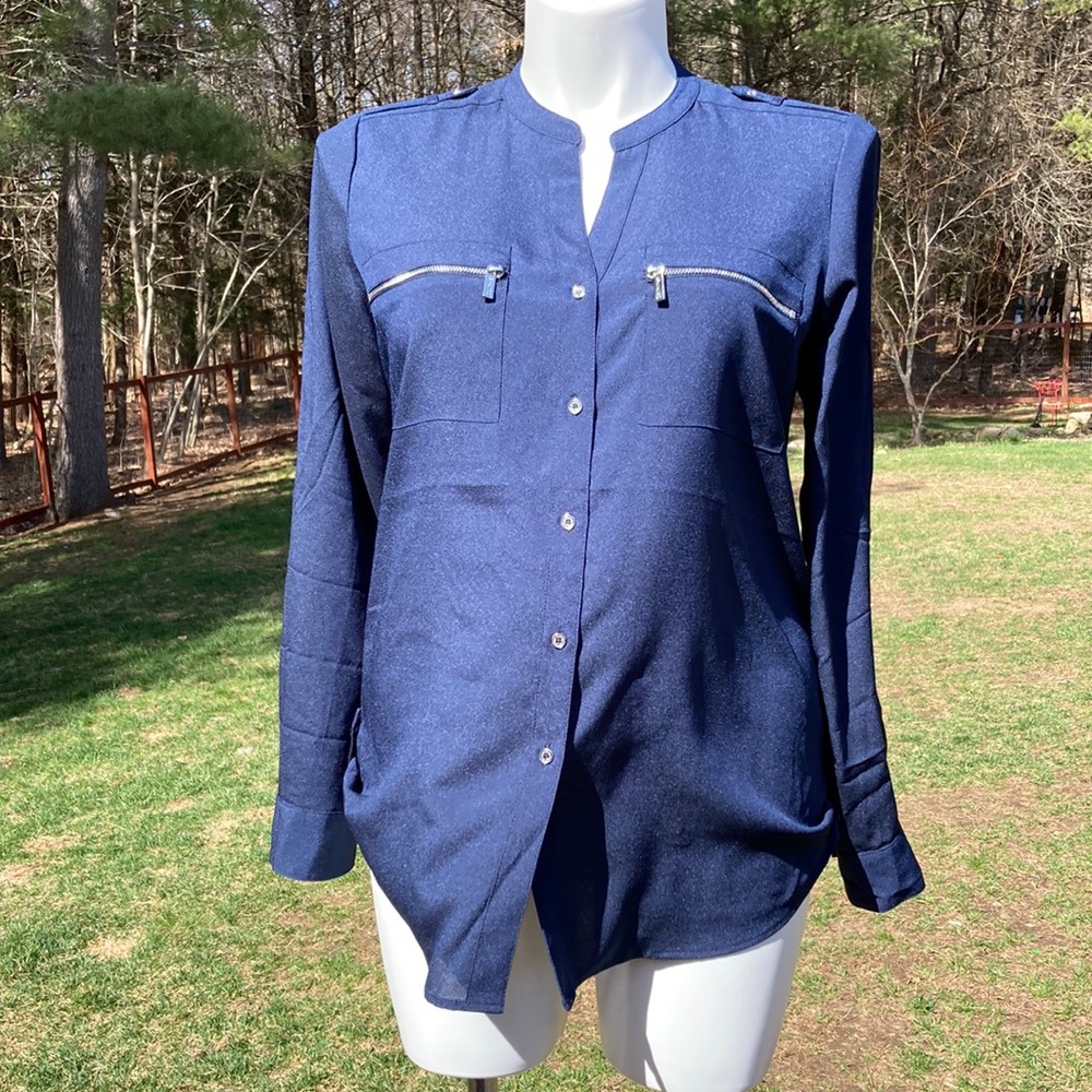 Calvin Klein dark blue tabbed sleeve/hem button down blouse size L